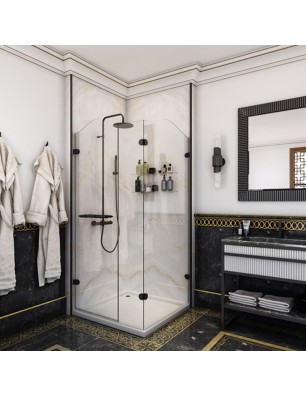 Eck-Duschkabine Regal 05-Aussenöffnend-Schwarz-Klarglas