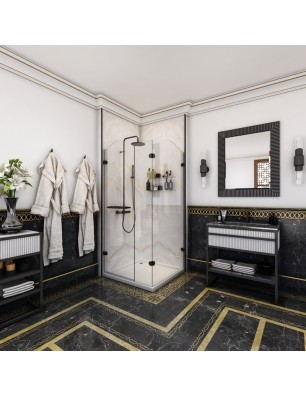 Eck-Duschkabine Regal 05-Aussenöffnend-Schwarz-Klarglas