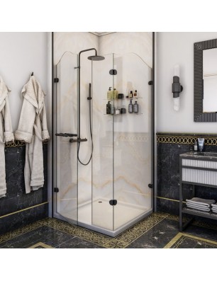 Eck-Duschkabine Regal 05-Aussenöffnend-Schwarz-Klarglas